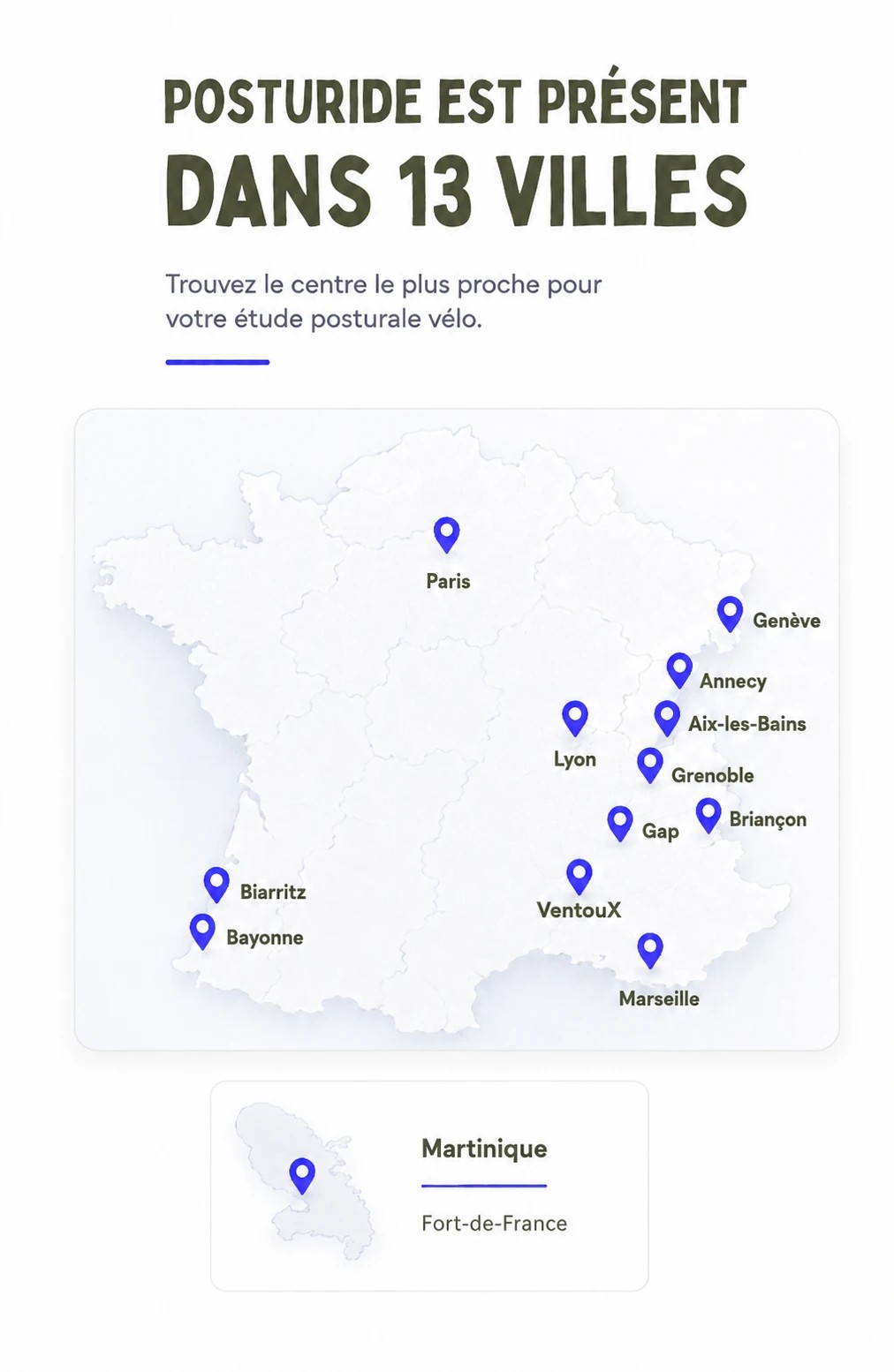 Posturide est présent dans 13 villes — carte des cabinets d'étude posturale vélo en France et en Martinique